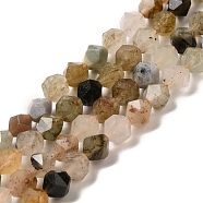 Natural Rutilated Quartz Beads Strands, Star Cut Round Beads, Faceted, 8x7.5~8mm, Hole: 1mm, about 47pcs/strand, 15.28''(38.8cm)(G-K382-A02-02)