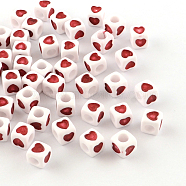 Opaque Acrylic European Beads, Large Hole Beads, Square with Heart, Red, 7x7x7mm, Hole: 4mm, about 100pcs/bag(OPDL-BT0001-01)