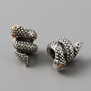 Alloy European Beads, Large Hole Beads, with Rhinestone, Snake, Antique Silver, Light Topaz, 14x9~10mm, Hole: 4.3mm(ALRI-WH0008-21A)