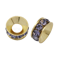Brass Rhinestone Spacer Beads, Grade A, Rondelle, Light Gold Metal Color, Violet, 9x4mm, Hole: 4mm(RB-A020-9mm-26LG)