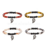 Natural Dragon Veins Agate & Lava Rock Stretch Bracelet with Alloy Leaf Charm, Gemstone Jewelry for Women, Mixed Color, Inner Diameter: 2-1/2 inch(6.5cm)(BJEW-JB08651)