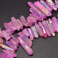 Electroplated Natural Quartz Crystal Beads Strands, Nuggets, Tusk Shape, AB Color, Dyed, Hot Pink, 7~15x18~60mm, Hole: 1mm, about 46pcs/strand, 16 inch(G-A142-03E)