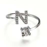 Alloy Cuff Rings, Open Rings, with Crystal Rhinestone, Platinum, Letter.N, US Size 7 1/4(17.5mm)(RJEW-I075-01P-N)