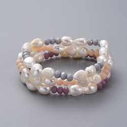 Natural Baroque Pearl Stretch Bracelets, Stackable Bracelets, with Faceted Rondelle Glass Beads and Burlap Bags, Mixed Color, 2-1/8 inch~2-1/2 inch(5.55~6.45cm), 3pcs/set(BJEW-JB05059)