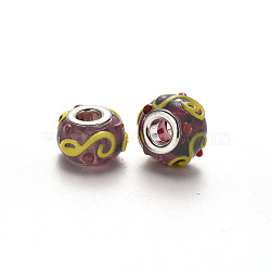 Handmade Lampwork European Beads, Bumpy, Large Hole Rondelle Beads, with Platinum Tone Brass Double Cores, Rosy Brown, 14~16x9~10mm, Hole: 5mm(LPDL-N001-082-C09)