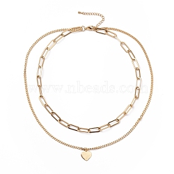 Vacuum Plating 304 Stainless Steel Double Chains Multi Layered Necklace with Heart Charms for Women, Golden, 16.34 inch(41.5cm)(STAS-E155-08G)