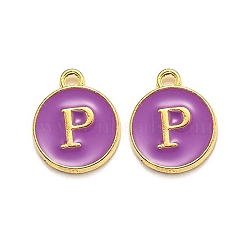 Golden Plated Alloy Enamel Charms, Enamelled Sequins, Flat Round with Alphabet, Letter.P, Purple, 14x12x2mm, Hole: 1.5mm(ENAM-Q437-12P)