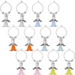 12Pcs 6 Colors Glass Wine Glass Charms, with Flower Glass Charms, Brass Wine Glass Charms Ring, Mixed Color, 60mm, 2pcs/color(AJEW-SC00008)