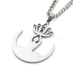Non-Tarnish 304 Stainless Steel Pendant Necklaces, Curb Chains, Human with Flower, Stainless Steel Color, 17.44 inch(44.3cm)(NJEW-P306-05P)