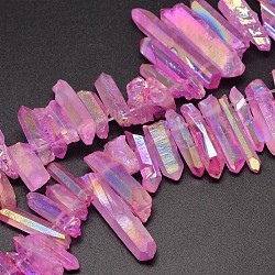 Electroplated Natural Quartz Crystal Beads Strands, Nuggets, Tusk Shape, AB Color, Dyed, Hot Pink, 7~15x18~60mm, Hole: 1mm, about 46pcs/strand, 16 inch(G-A142-03E)