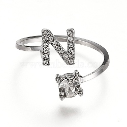 Alloy Cuff Rings, Open Rings, with Crystal Rhinestone, Platinum, Letter.N, US Size 7 1/4(17.5mm)(RJEW-I075-01P-N)