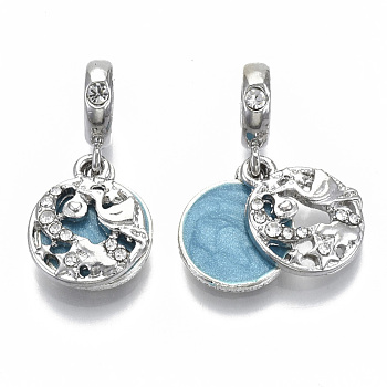 Alloy European Dangle Charms, with Crystal Rhinestone and Enamel, Large Hole Pendants, Flat Round with Word Twinkle Twinkle Little Star Do You Know How Loved You Are, Platinum, Deep Sky Blue, 26mm, Hole: 5mm, Flat Round: 16x13x2mm