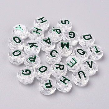 Transparent Clear Acrylic Beads, with Glitter Powder, Horizontal Hole, Flat Round with Random Letters, Green, 10x6mm, Hole: 2mm, about 1560pcs/500g