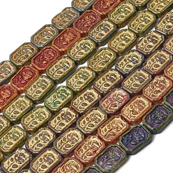 Painted Glass Beads Strands, Golden Metal Enlaced, Rectangle with Rose Flower, Mixed Color, 18x13x5mm, Hole: 1.2mm, about 20pcs/strand, 14.09''(35.8cm)