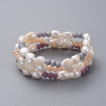 Natural Baroque Pearl Stretch Bracelets, Stackable Bracelets, with Faceted Rondelle Glass Beads and Burlap Bags, Mixed Color, 2-1/8 inch~2-1/2 inch(5.55~6.45cm), 3pcs/set