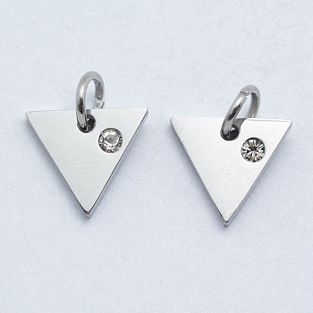 316 Surgical Stainless Steel Pendants, with Cubic Zirconia, Triangle, Clear, Stainless Steel Color, 9.5x10.5x2mm, Hole: 3mm