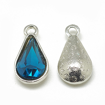 Alloy Glass Pendants, Faceted, teardrop, Platinum, Teal, 18x10x5mm, Hole: 2mm