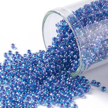 TOHO Round Seed Beads, Japanese Seed Beads, (1837) Inside Color AB Aqua/Opaque Purple Lined, 11/0, 2.2mm, Hole: 0.8mm, about 1110pcs/bottle, 10g/bottle
