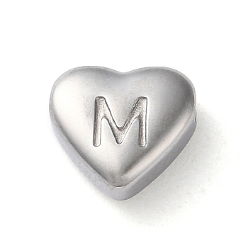 201 Stainless Steel Beads, Stainless Steel Color, Heart, Letter M, 7x8x3.5mm, Hole: 1.5mm