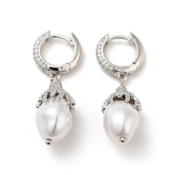 ABS Imitation Pearls Drop Dangle Hoop Earrings with Clear Cubic Zirconia, Rack Plating Brass Jewelry for Women, Platinum, 38.5mm, Pin: 0.8mm