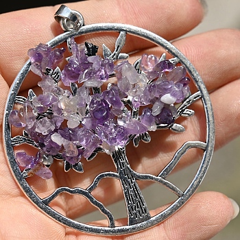 Natural Amethyst Pendants, with Alloy Findings, Flat Round, 62x56mm