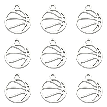 304 Stainless Steel Charms, Hollow, Sports Goods, Stainless Steel Color, Basketball Pattern, 12x10x1mm, Hole: 1mm