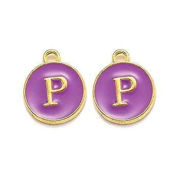 Golden Plated Alloy Enamel Charms, Enamelled Sequins, Flat Round with Alphabet, Letter.P, Purple, 14x12x2mm, Hole: 1.5mm