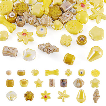 40Pcs 20 Styles Handmade Porcelain Beads, Bright Glazed Porcelain, Mixed Shapes, Yellow, 6~20x6~20x5~11mm, Hole: 1.5~3.5mm, 2pcs/style