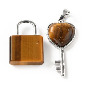 Natural Tiger Eye Pendants, with Platinum Tone Brass Findings, Key & Lock, 27~36.5x17~19.5x6.5~7mm, Hole: 8~9x5~9mm