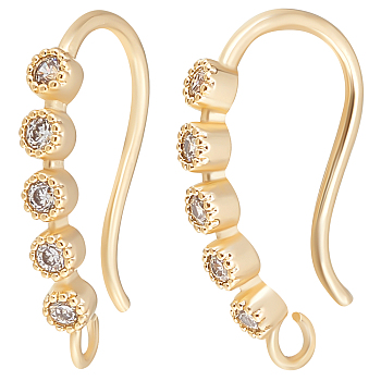 5 Pairs Rack Plating Brass Micro Pave Cubic Zirconia Earring Hooks, with Horizontal Loops, Long-Lasting Plated, Real 14K Gold Plated, 15x16x2mm, Hole: 1.4mm, Pin: 0.7mm