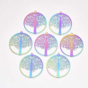 Ion Plating(IP) 201 Stainless Steel Filigree Pendants, Etched Metal Embellishments, Flat Round with Tree of Life, Rainbow Color, 43x40x0.2mm, Hole: 2mm