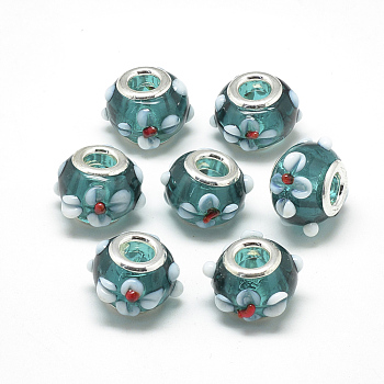 Handmade Lampwork European Beads, Bumpy Lampwork, with Platinum Brass Double Cores, Large Hole Beads, Rondelle with Flower, Teal, 16x14x10.5mm, Hole: 5mm