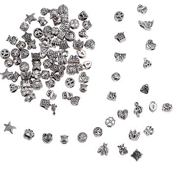 120Pcs 40 Styles Tibetan Style Alloy European Beads, Large Hole Beads, Mixed Shapes, Antique Silver, 3pcs/style