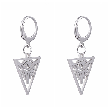 304 Stainless Steel Leverback Earrings, with 201 Stainless Steel Pendants, Triangle with Eye, All Seeing Eye, Stainless Steel Color, 31mm, Pin: 0.6x0.8mm