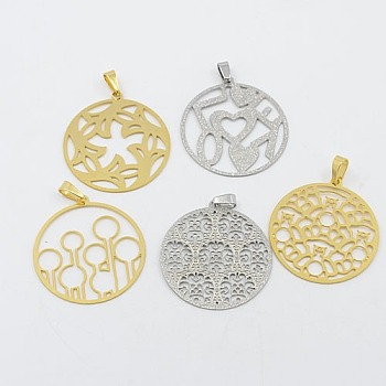 304 Stainless Steel Textured Filigree Pendants, Flat Round, Mixed Color, 38x35x1mm, Hole: 7x4mm