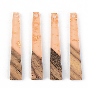 Transparent Resin & Walnut Wood Pendants, with Gold Foil, Trapezoid, Dark Salmon, 44.5x8x3mm, Hole: 2mm