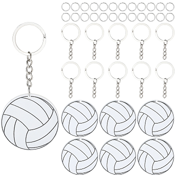 DIY Keychain Making Kits, including Acrylic Pendants, Iron Split Key Rings and 304 Stainless Steel Jump Rings, Flat Round with Ball Pattern, Volleyball, 49.5x1.5mm, Hole: 2.5mm