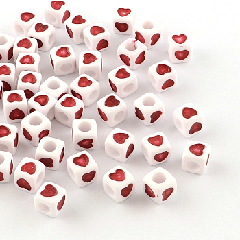 Opaque Acrylic European Beads, Large Hole Beads, Square with Heart, Red, 7x7x7mm, Hole: 4mm, about 100pcs/bag