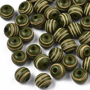 Painted Natural Wood Beads, Laser Engraved Pattern, Round with Zebra-Stripe, Dark Olive Green, 10x8.5mm, Hole: 2.5mm