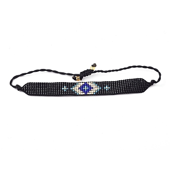 Adjustable Glass Seed Beads Braided Bead Bracelets, Rectangle with Eye, Black, 1-3/8 inch~3-1/8 inch(3.5~8cm)