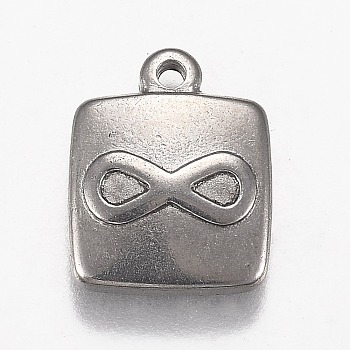 304 Stainless Steel Pendants, Square with Infinity, Stainless Steel Color, 16x13x3mm, Hole: 1.5mm
