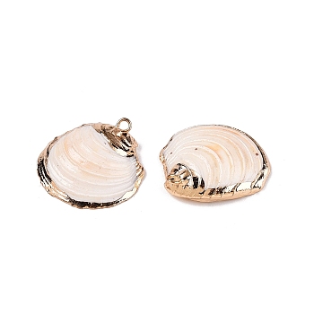 Natural Sea Shell Pendants, Shell Shaped Charms with Golden Tone Iron Loops, Seashell Color, 18~27x15~27x4.5~8.5mm, Hole: 1.4~1.8mm