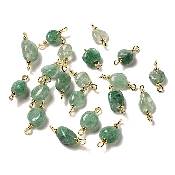 Natural Green Strawberry Quartz Connector Charms, Nuggets Links with Real 18K Gold Plated Brass Double Loops, 19~25.5x8~9.5x4~8.5mm, Hole: 1.8mm