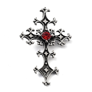 Tibetan Style Alloy Pendants, with Rhinestone, Cross Charms, Antique Silver, 49x30.5x5mm, Hole: 7.5x4mm