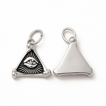 Ion Plating(IP) 304 Stainless Steel Pendants, with Jump Rings, Triangle with Eye Charms, Antique Silver, 17x16x3mm, Hole: 6mm
