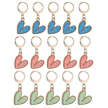 Heart Pendant Stitch Markers, Alloy Enamel & 304 Stainless Steel Crochet Leverback Hoop Charms, Locking Stitch Marker, Mixed Color, 35mm, 15pcs/set