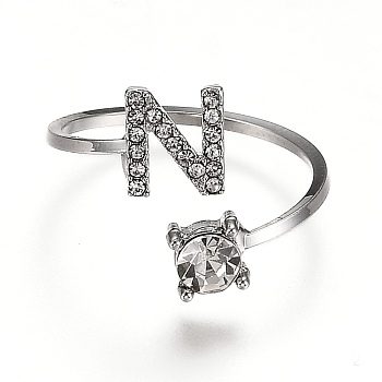 Alloy Cuff Rings, Open Rings, with Crystal Rhinestone, Platinum, Letter.N, US Size 7 1/4(17.5mm)