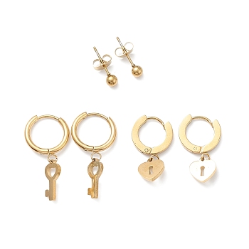 3 Pairs 3 Style Ion Plating(IP) 304 Stainless Steel Ball Stud Earrings, Heart Key Dangle Hoop Earrings for Women, Golden, 26~28mm, Pin: 1mm, 1 Pair/style