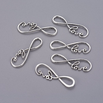 Tibetan Style Alloy Links connectors, Infinity with Word Love, Cadmium Free & Lead Free, Antique Silver, 37.5x12x3mm, Hole: 11.5x5.5mm