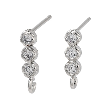 Brass Micro Pave Cubic Zirconia Studs Earring Findings, Long-Lasting Plated, Lead Free & Cadmium Free, Round, Platinum, 14x3.5mm, Hole: 1.5mm, Pin: 11.5x0.7mm